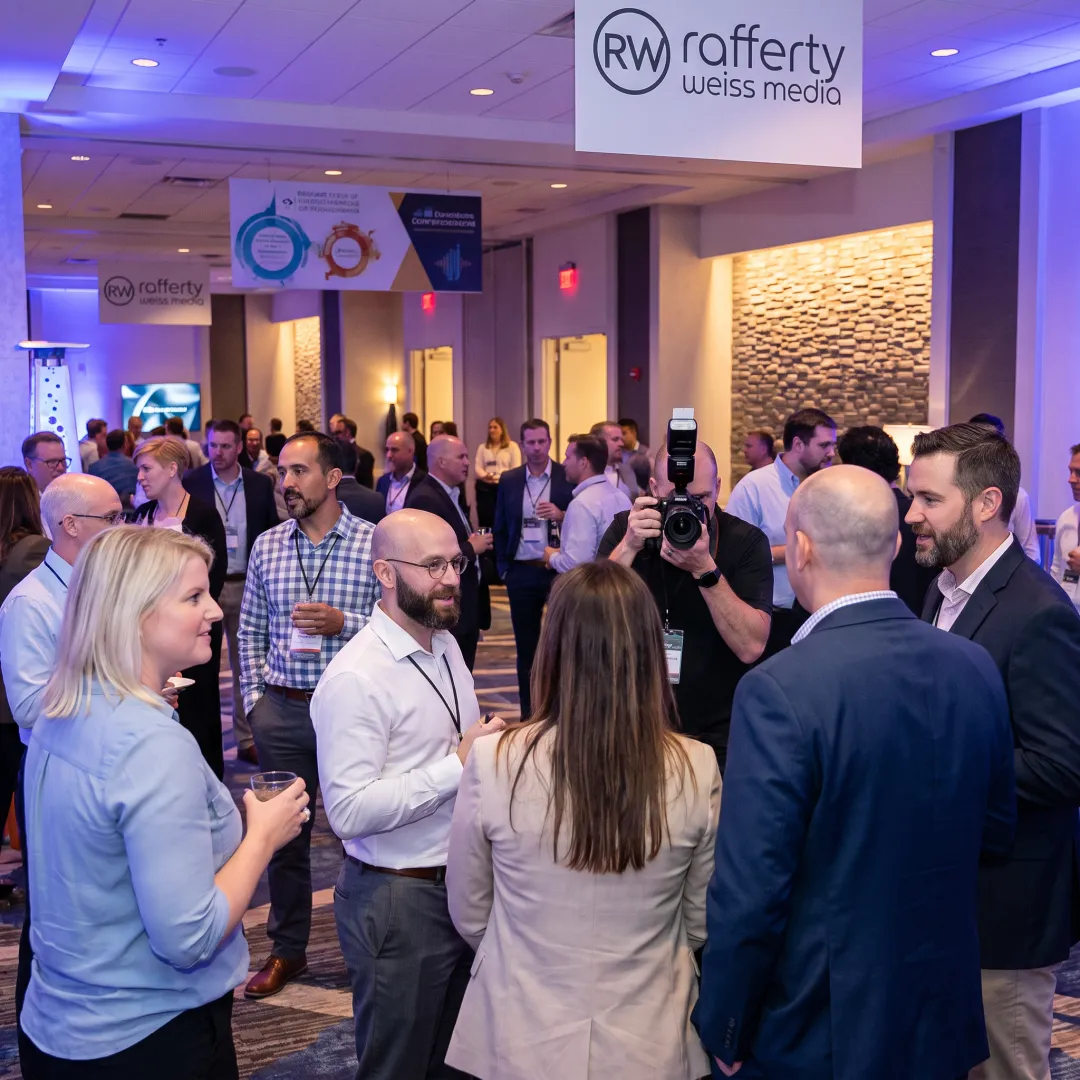 Corporate attendees networking at a branded event