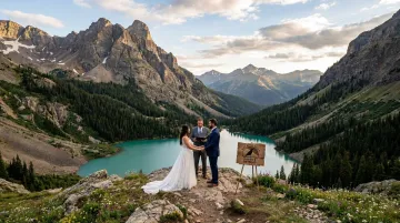 Rocky Mountain National Park alpine lake elopement ceremony backdrop with mountain peaks