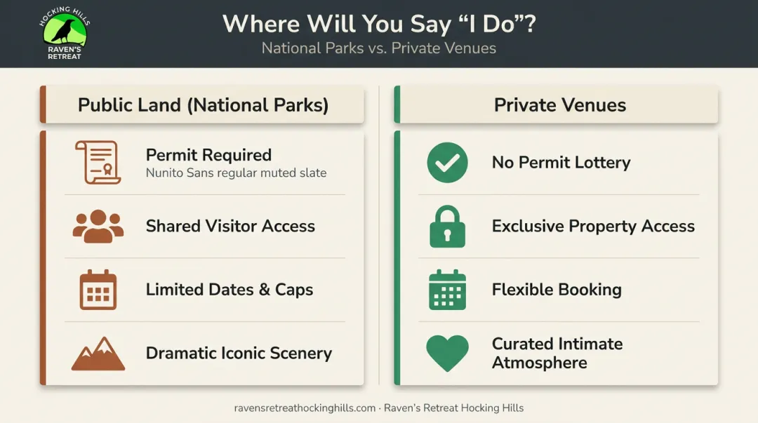 Public national park versus private venue outdoor elopement comparison infographic