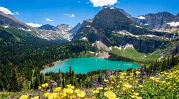 Glacier National Park turquoise alpine lake wildflower meadow with glacier-carved peaks