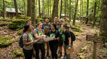 Raven's Retreat Hocking Hills nature scavenger hunt team activity on wooded trail preserve