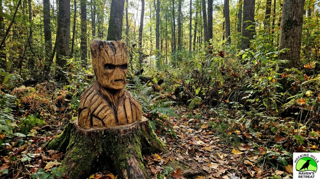 Raven's Retreat Hocking Hills forest trail with steel sculpture and woodland meditation setting