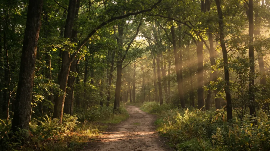 Lush forest preserve trail with dappled sunlight and natural woodland canopy