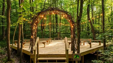 Elevated wooden forest ceremony platform with rustic arch and bench seating at Raven's Retreat