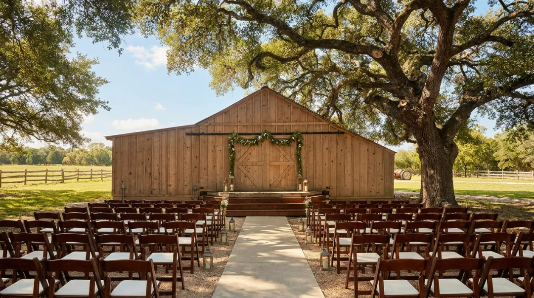 Rustic barn farm wedding venue with open pastoral landscape and outdoor ceremony setup