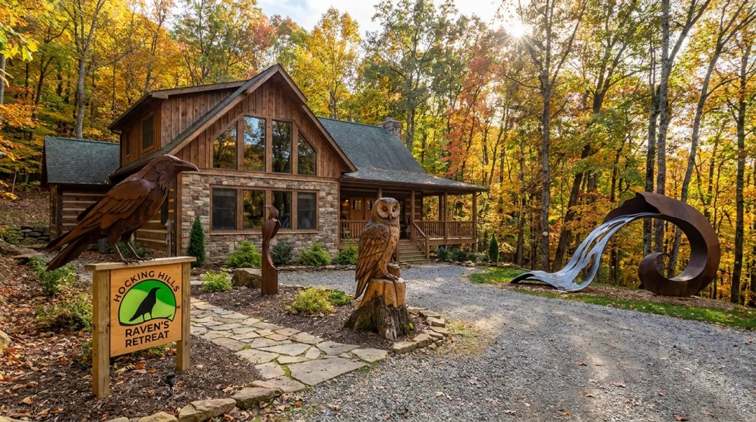 Raven's Retreat Hocking Hills art lodge exterior with sculptor artwork on forested private preserve