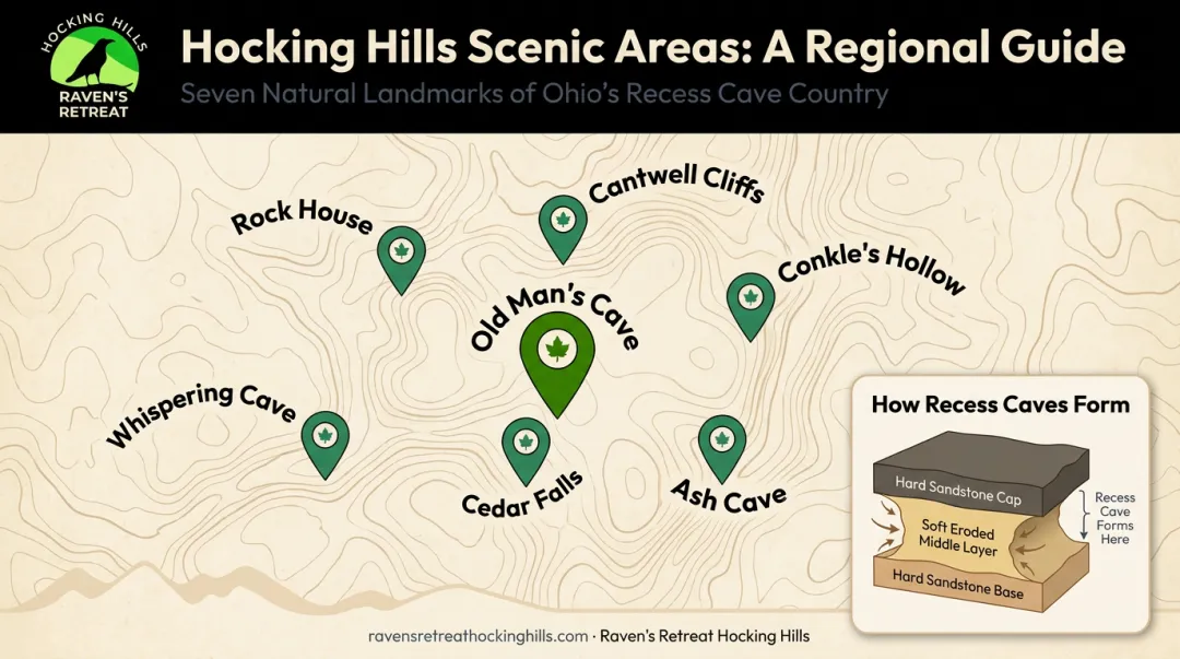 Hocking Hills State Park seven scenic areas map and geology overview infographic