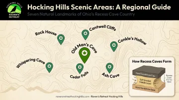 Hocking Hills State Park seven scenic areas map and geology overview infographic