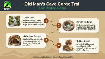Old Man's Cave gorge trail four-feature sequence map and highlights infographic