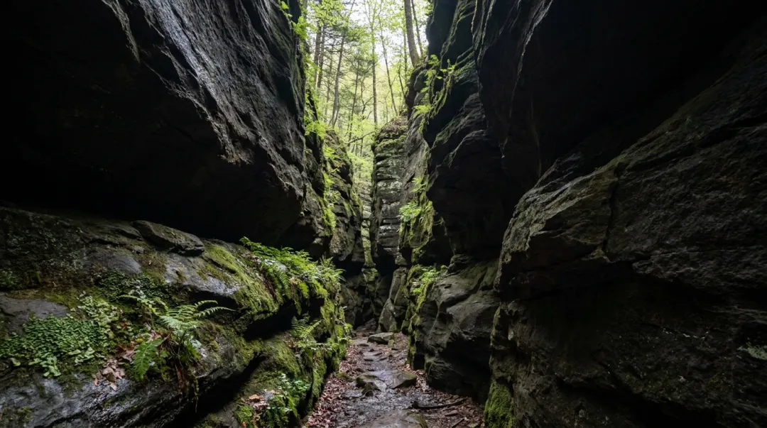 Dramatic sandstone gorge walls with narrow rock passage at Cantwell Cliffs Ohio