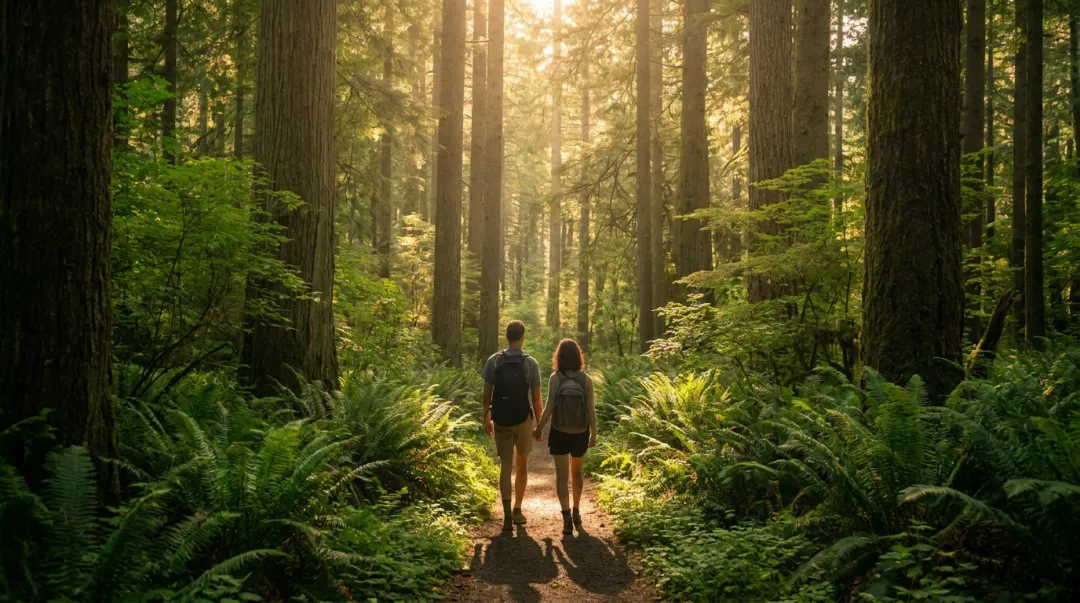 Couple walking together through dense sunlit forest during forest bathing session