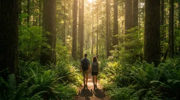 Couple walking together through dense sunlit forest during forest bathing session