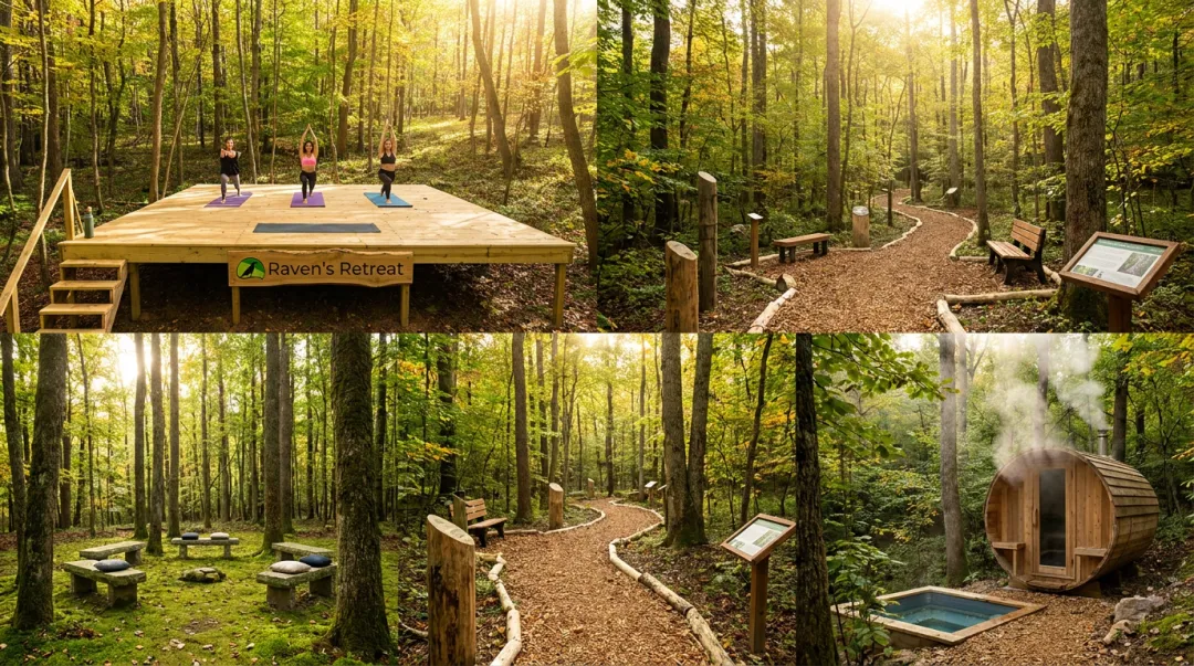 Raven's Retreat Hocking Hills private forest preserve outdoor coaching and wellness amenities