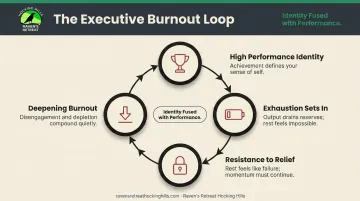 Executive burnout identity entanglement cycle showing four behavioral patterns and triggers