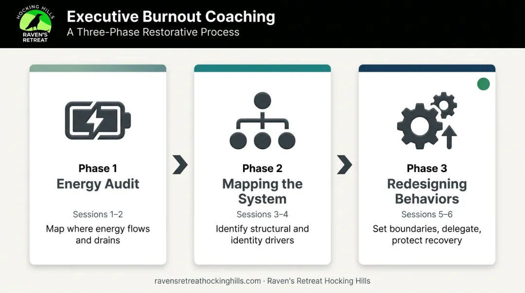 Three-phase executive burnout coaching process from energy audit to behavior redesign