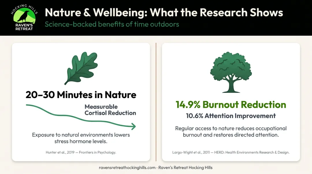 Nature break stress reduction statistics showing cortisol and burnout improvement data