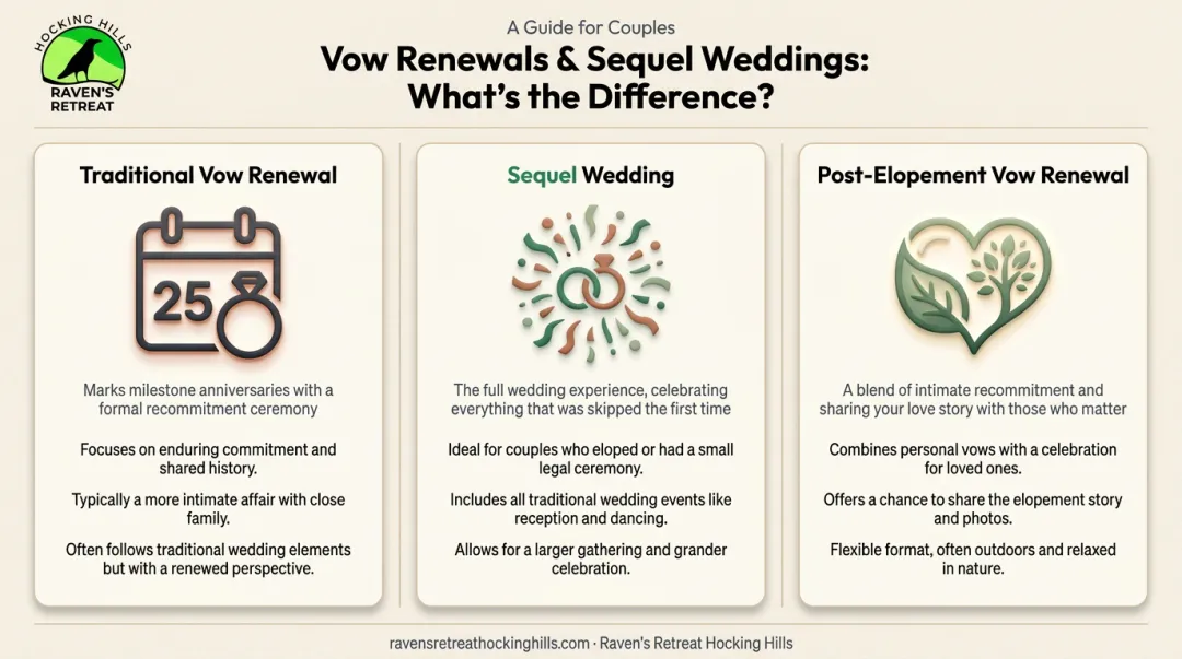 Three-way comparison chart of traditional vow renewal sequel wedding and post-elopement renewal
