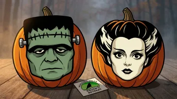 Frankenstein and Bride of Frankenstein painted Halloween pumpkin duo displayed together