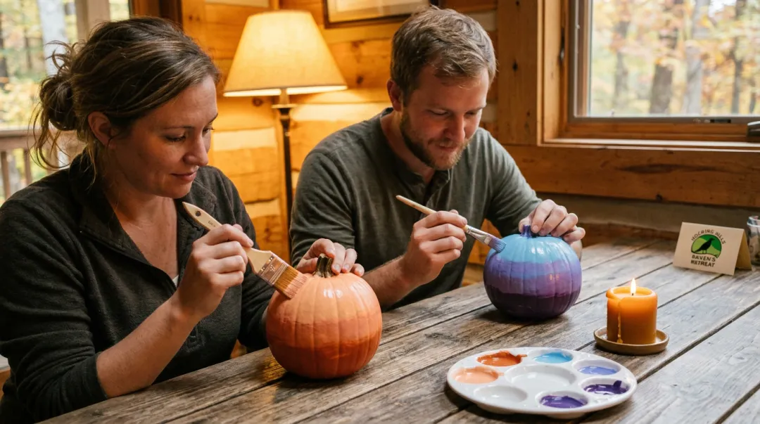 Couple painting watercolor ombre gradient pumpkins together at cozy fall table