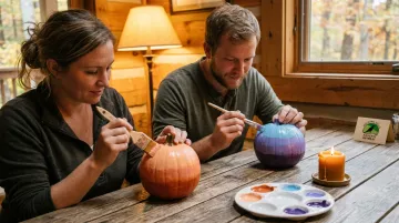 Couple painting watercolor ombre gradient pumpkins together at cozy fall table