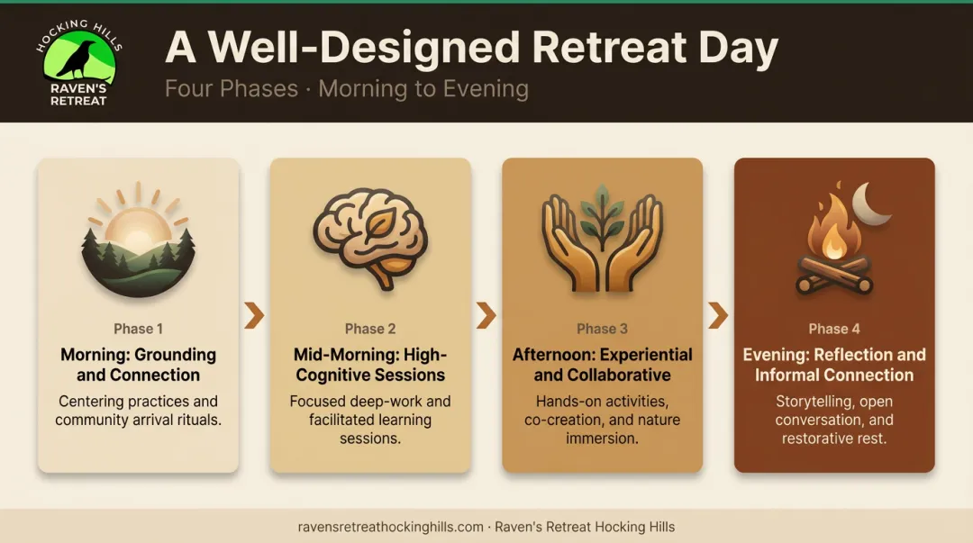 Four-part corporate retreat daily schedule framework morning to evening flow