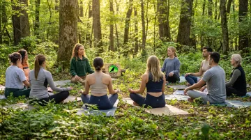 Corporate team participating in guided outdoor yoga session in forest setting