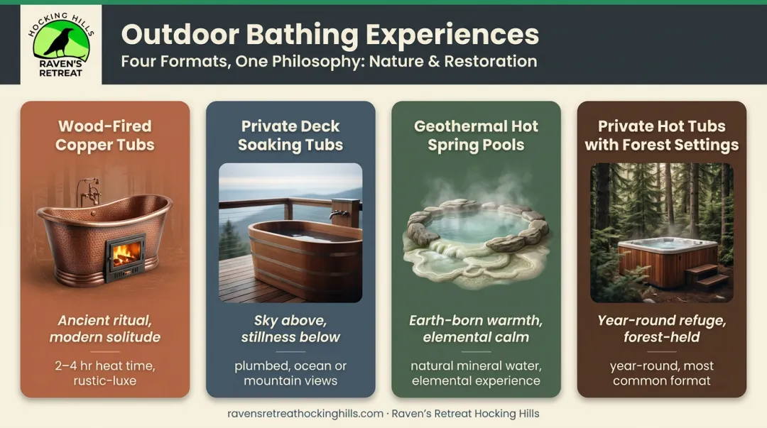 Four outdoor bathing formats comparison infographic for romantic retreats