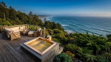 Luxury clifftop resort room private outdoor soaking tub overlooking Pacific Ocean