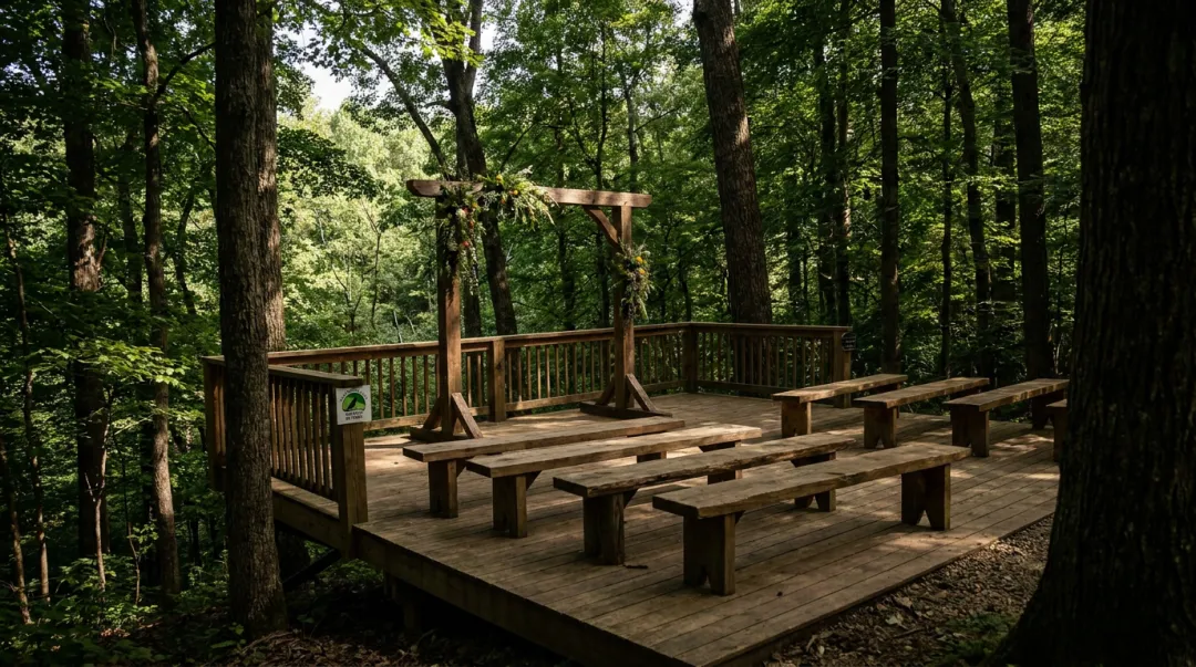 Raven's Retreat Hocking Hills forest ceremony platform with rustic arch and guest seating