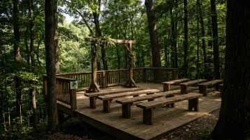 Raven's Retreat Hocking Hills forest ceremony platform with rustic arch and guest seating