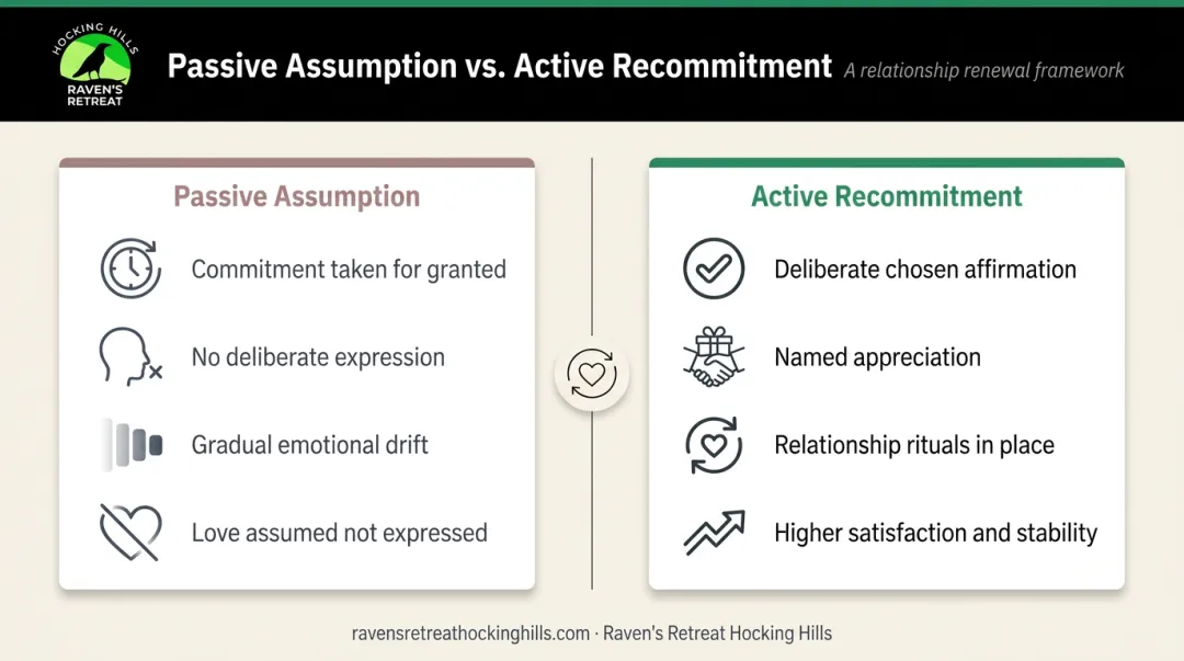 Active versus passive commitment comparison showing relationship ritual benefits infographic