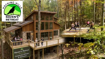 Raven's Retreat Hocking Hills lodge and outdoor forest gathering spaces for corporate teams