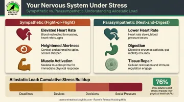 Sympathetic versus parasympathetic nervous system states and chronic stress cycle infographic