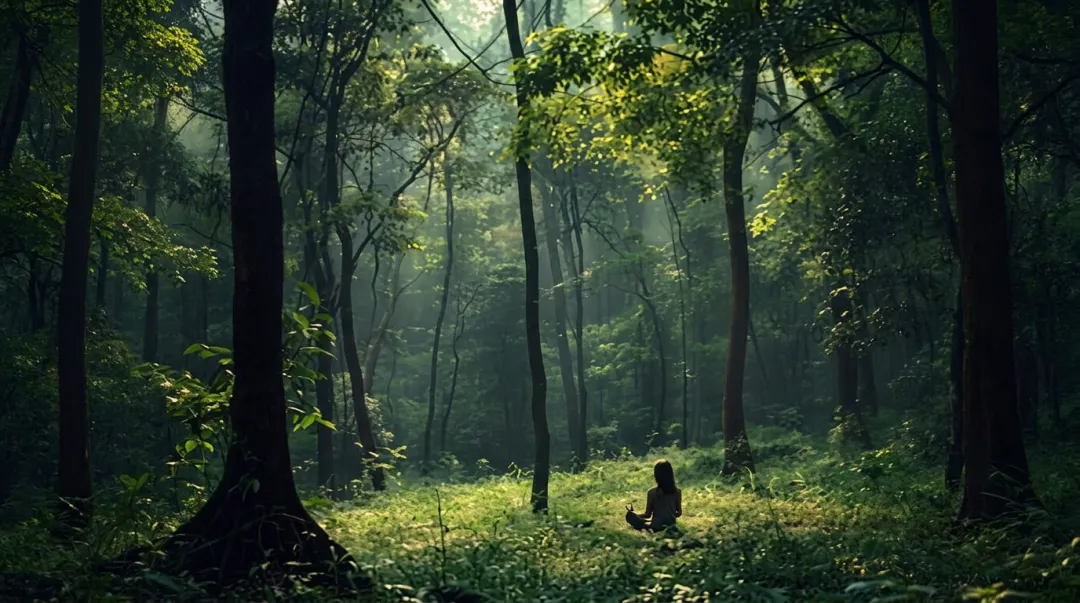 Person practicing forest bathing in sunlit woodland nature immersion setting