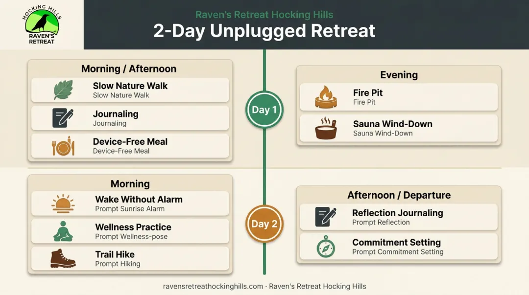 Two-day unplugged weekend retreat itinerary timeline from arrival to departure