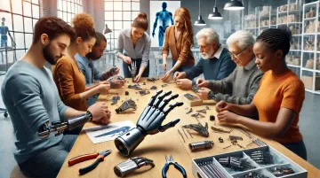 Corporate team assembling prosthetic hands during humanitarian build CSR activity