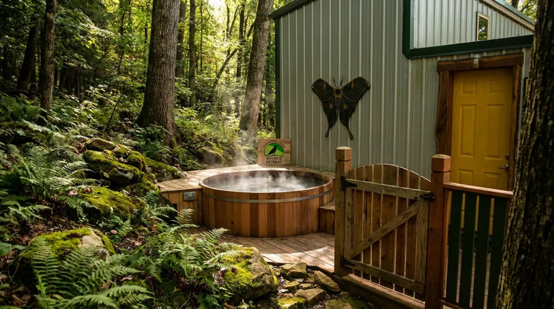 Raven's Retreat Hocking Hills Sculptor's Art Bungalow private outdoor hot tub and forest views