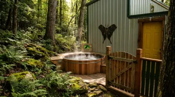 Raven's Retreat Hocking Hills Sculptor's Art Bungalow private outdoor hot tub and forest views