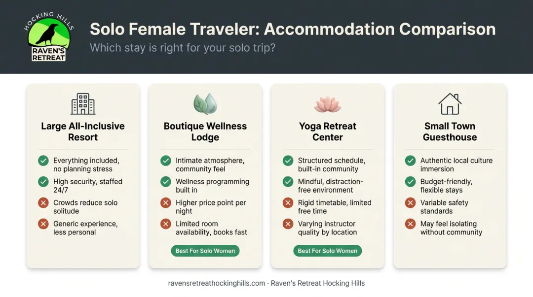 Solo female traveler accommodation comparison chart wellness lodge versus all-inclusive resort
