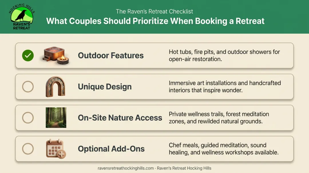 Four must-have accommodation features checklist for romantic couples nature retreat