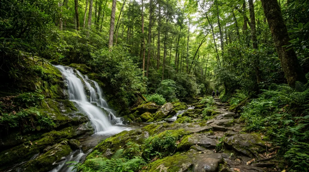 Great Smoky Mountains waterfall trail surrounded by dense lush forest foliage