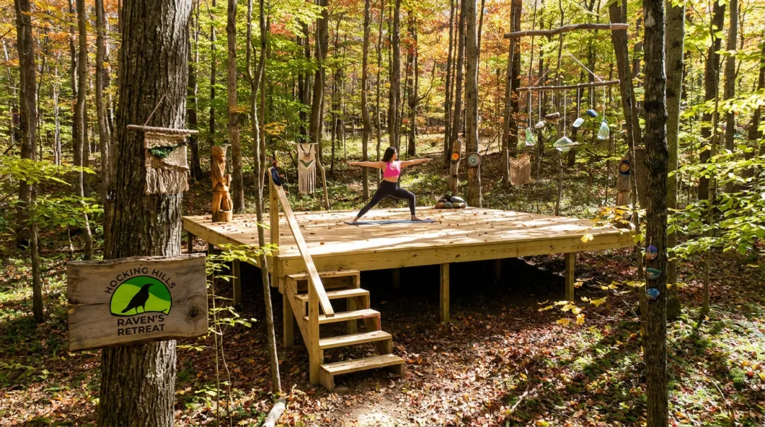 Raven's Retreat Hocking Hills forest ceremony platform surrounded by trees and sculptures