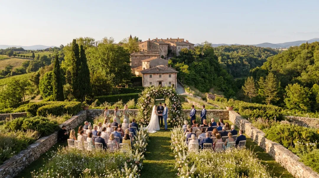 Luxury farm estate wedding setting with pastoral landscape and elegant outdoor ceremony
