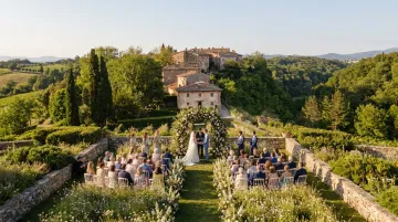 Luxury farm estate wedding setting with pastoral landscape and elegant outdoor ceremony