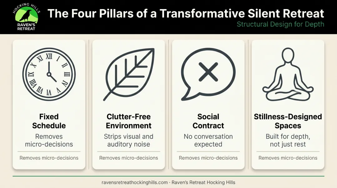 Four structural pillars enabling transformative silent retreat experience infographic