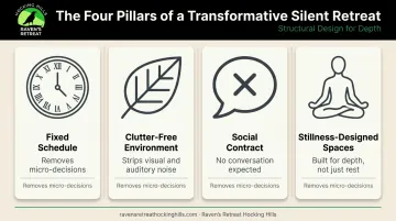 Four structural pillars enabling transformative silent retreat experience infographic