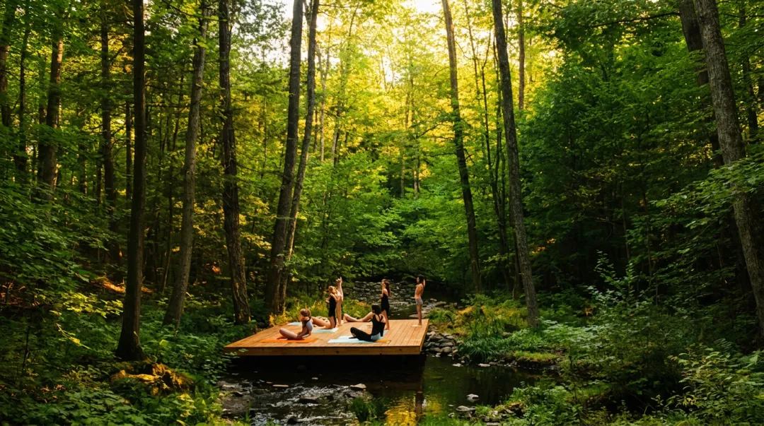 Forest retreat venue with outdoor yoga platform surrounded by natural woodland setting