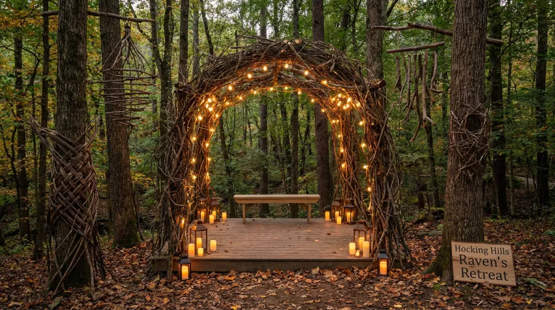 Private forest preserve ceremony platform surrounded by woodland trees and nature
