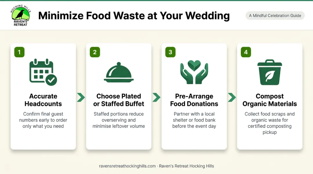 Four-step wedding food waste reduction process flow infographic for couples