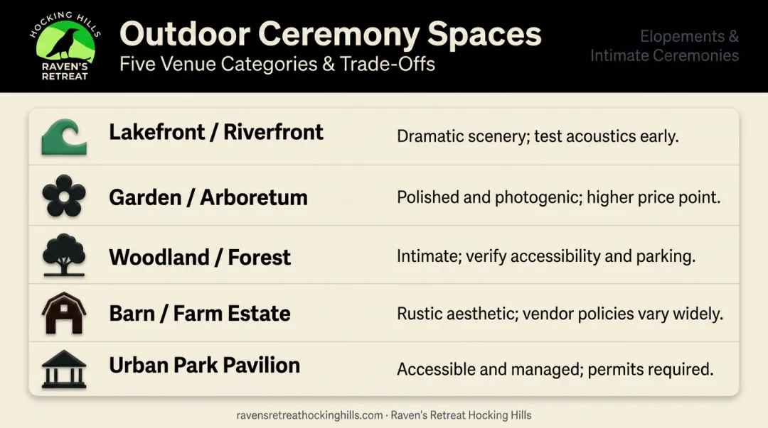 Five types of Minnesota outdoor wedding ceremony spaces with pros and cons comparison